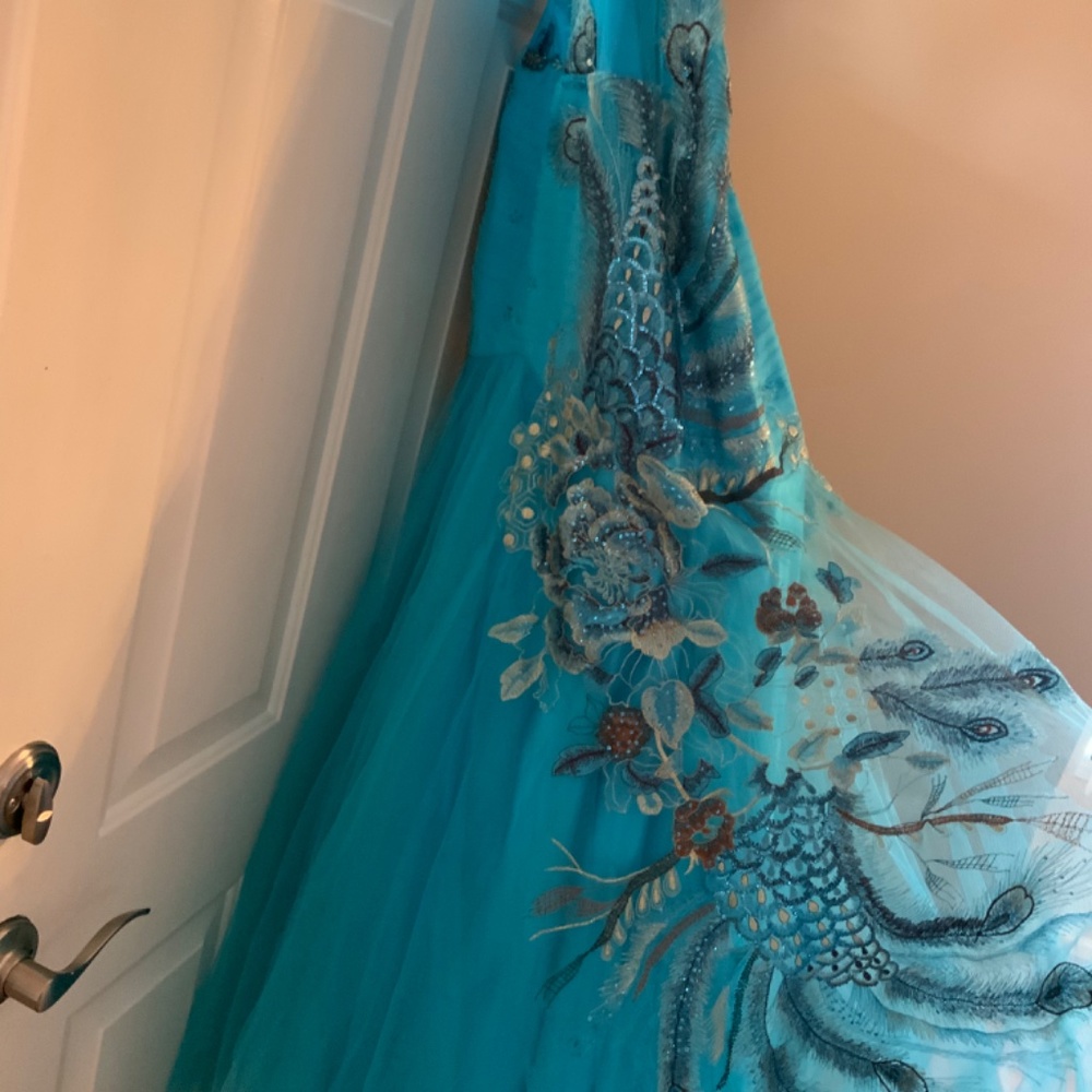 Turquoise and brown peacock prom dress . - Picture 10 of 15